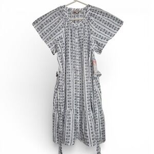 Coastal Comfort White Navy Embroidered Gauze Button Front Tiered Dress XL New